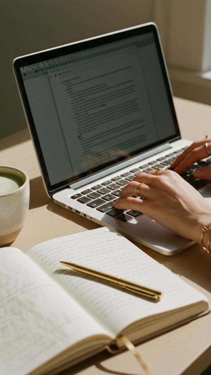 Bookkeeping in progress on a laptop with notebook and pen